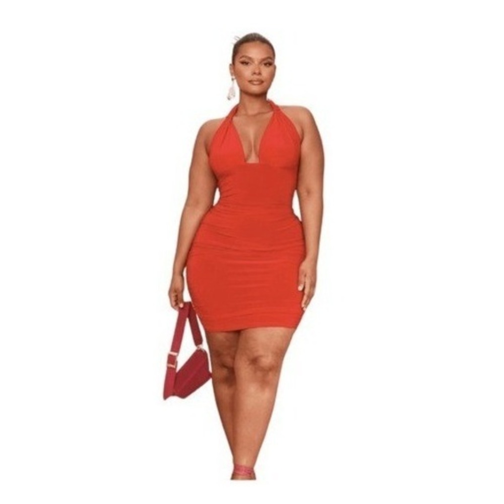 PrettyLittleThings Ruched Halter Dress Red Satin‎ Mini 14